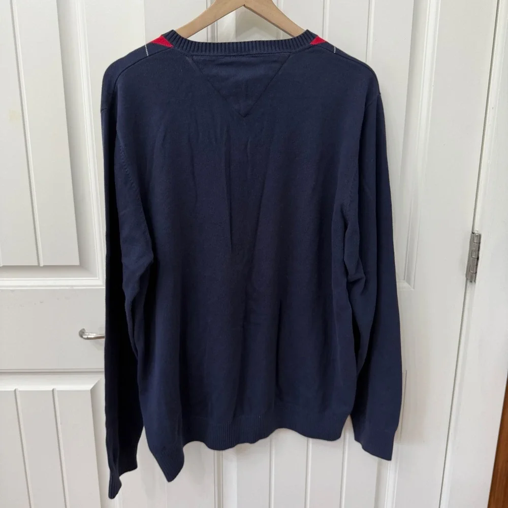 Tommy Hilfiger Sweater XL Navy Blue Argyle‎ V-Neck Cotton Pullover
